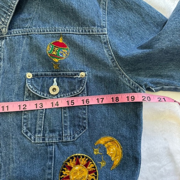vintage Y2k Express Cropped Demin Jacket Embroided Sun, Moon Size M - Picture 10 of 11